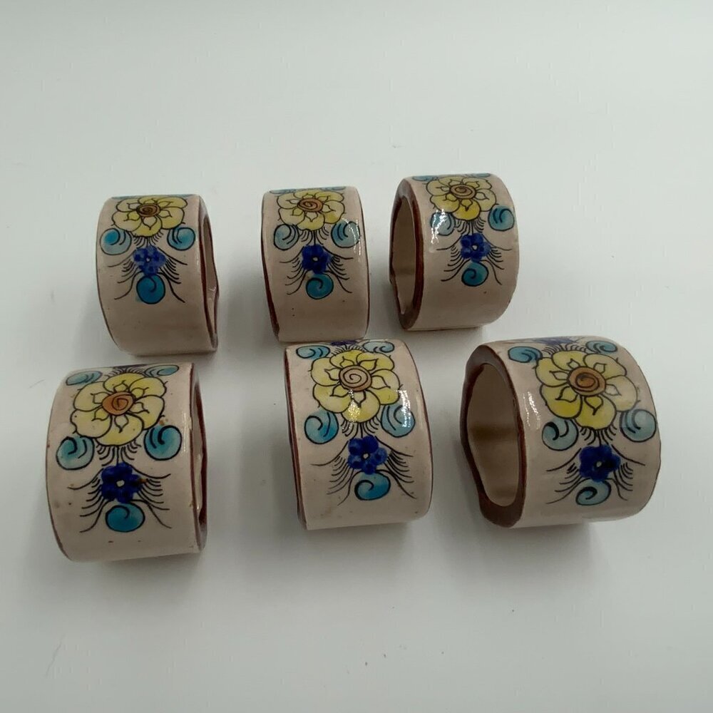 Set of 6 Vintage Signed Tonala Mexico Ceramic Napkin Rings Floral Hand Painted